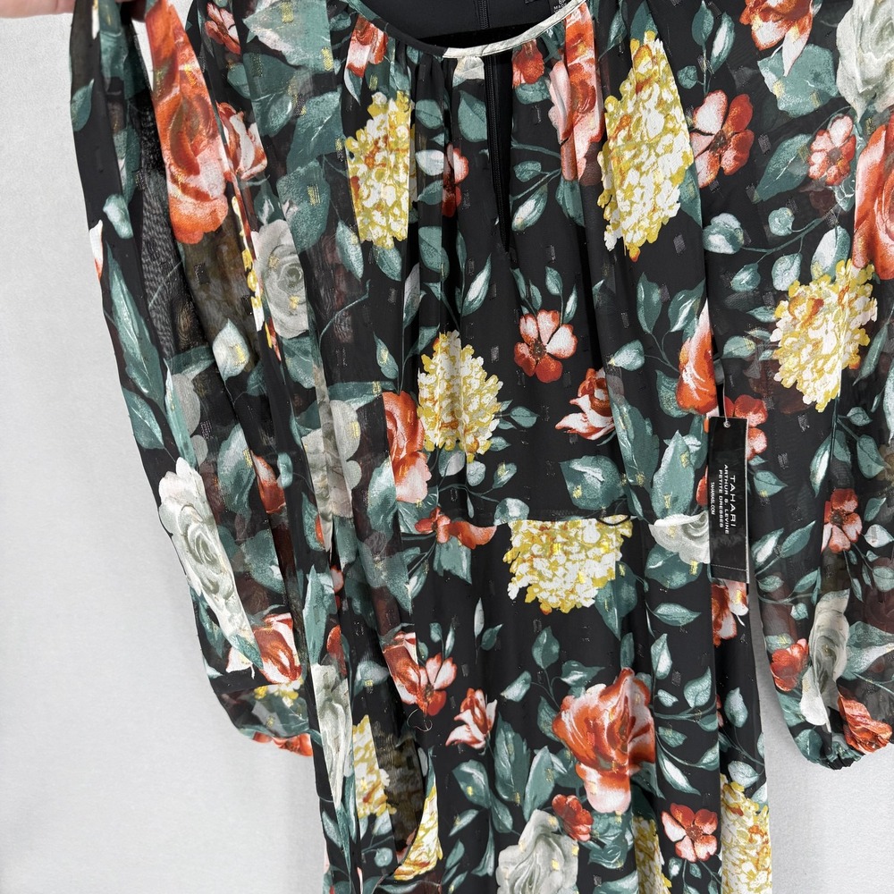 New Tahari Arthur S Levine Dress Womens 8P Black Floral Long Sleeve Chiffon Midi - Picture 6 of 11